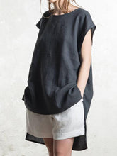 Load image into Gallery viewer, Women Cotton and Linen Short Sleeve Round Neck Irregular Length Blouse