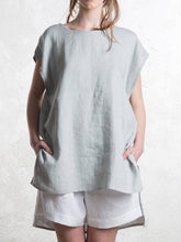 Load image into Gallery viewer, Women Cotton and Linen Short Sleeve Round Neck Irregular Length Blouse