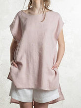 Load image into Gallery viewer, Women Cotton and Linen Short Sleeve Round Neck Irregular Length Blouse