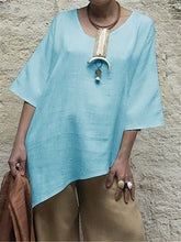 Load image into Gallery viewer, Women Cotton and Linen 1/2 Sleeve Round Neck Blouse