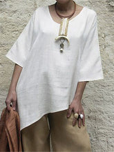 Load image into Gallery viewer, Women Cotton and Linen 1/2 Sleeve Round Neck Blouse
