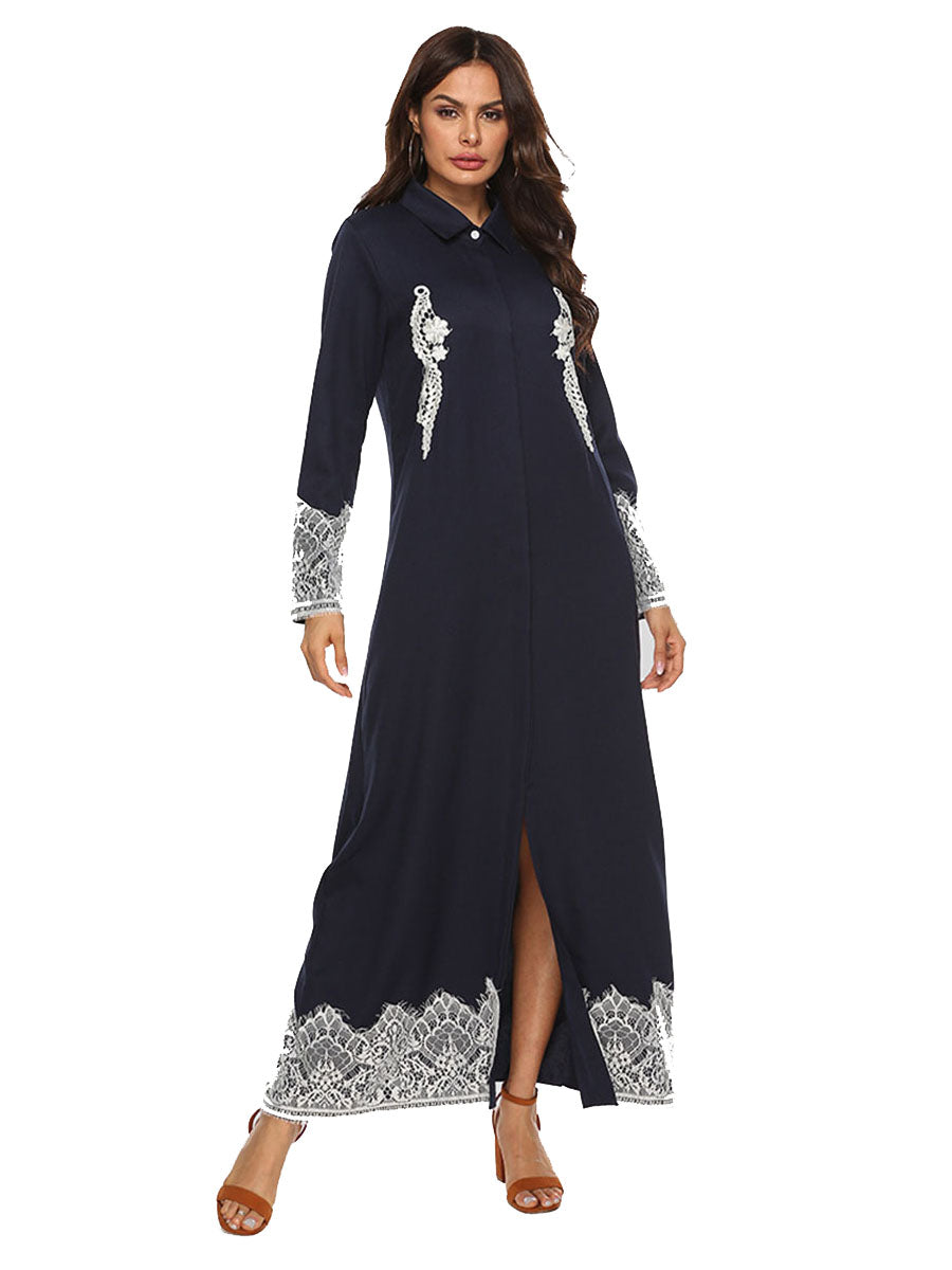 Casual Lace Stitching Lapel Split Long Sleeve Dress