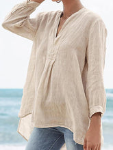 Load image into Gallery viewer, Women Cotton and Linen 3/4 Sleeve V Neck Plain Blouse
