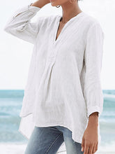 Load image into Gallery viewer, Women Cotton and Linen 3/4 Sleeve V Neck Plain Blouse
