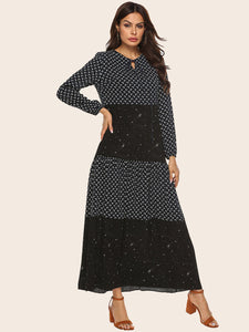 Star Print Stitching Polka Dot Long Sleeve Dress