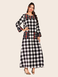 Stitching Retro Round Neck Plaid Long Sleeve Dress