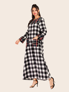 Stitching Retro Round Neck Plaid Long Sleeve Dress