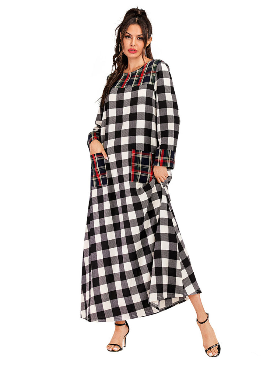 Stitching Retro Round Neck Plaid Long Sleeve Dress