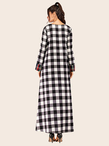 Stitching Retro Round Neck Plaid Long Sleeve Dress