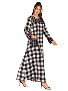 Stitching Retro Round Neck Plaid Long Sleeve Dress