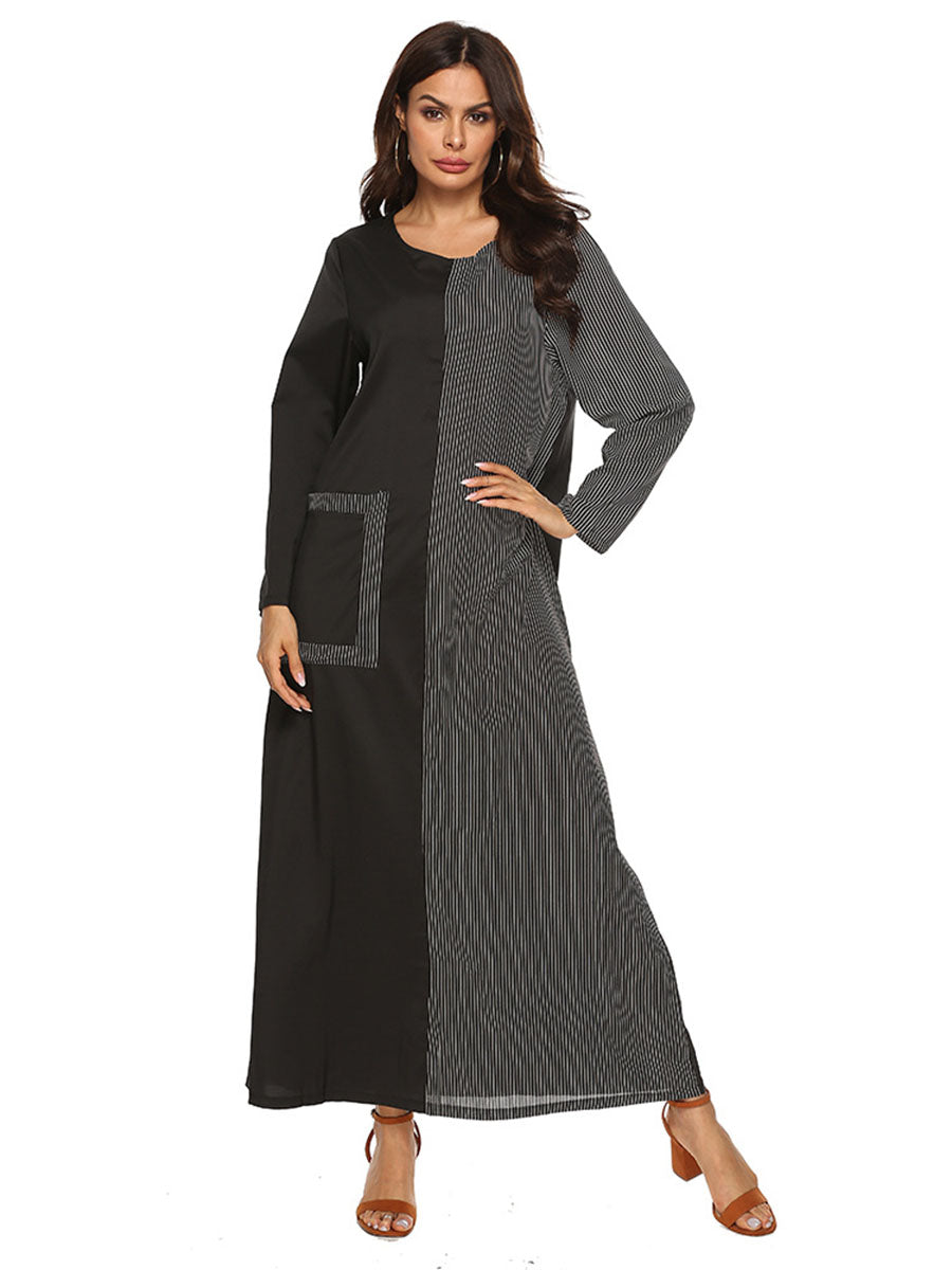 Striped Stitching Round Neck Long Sleeve Dress