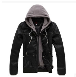 Men'S Hooded Slim PU Fashion Casual Leather Jacket