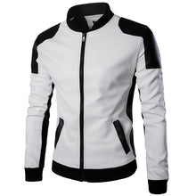 Load image into Gallery viewer, Men&#39;S Stand-Up Collar Black And White Color Matching Leather Jacket