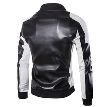 Load image into Gallery viewer, Men&#39;S Stand-Up Collar Black And White Color Matching Leather Jacket