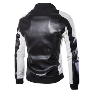 Men'S Stand-Up Collar Black And White Color Matching Leather Jacket