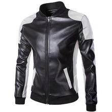 Load image into Gallery viewer, Men&#39;S Stand-Up Collar Black And White Color Matching Leather Jacket