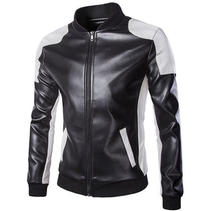 Men'S Stand-Up Collar Black And White Color Matching Leather Jacket