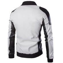 Load image into Gallery viewer, Men&#39;S Stand-Up Collar Black And White Color Matching Leather Jacket