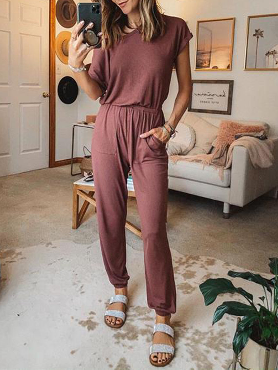 Solid Color Round Neck Short-sleeved Top Casual Loose Two-piece Suit