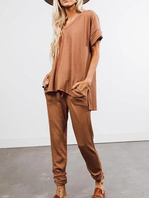 Pure Color V-neck Short Sleeve Casual Loose Two-piece Suit