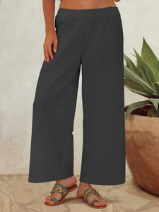 Women's Elastic Waist Solid Color Retro Wide Leg Pants Loose Trousers