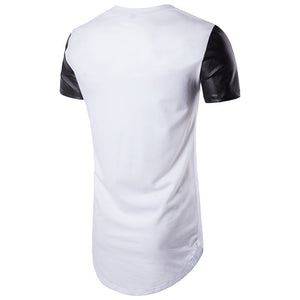 Men'S Round Neck Short-Sleeved Solid Color And Leather T-Shirt