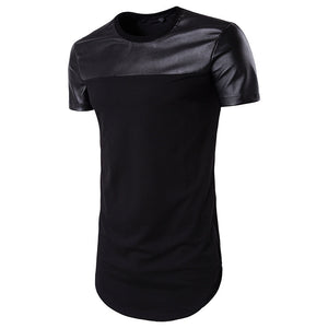 Men'S Round Neck Short-Sleeved Solid Color And Leather T-Shirt