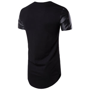 Men'S Round Neck Short-Sleeved Solid Color And Leather T-Shirt