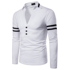 Men'S Solid Color Deep V-Shaped Design Lapel Long Sleeve T-Shirt