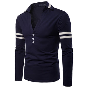 Men'S Solid Color Deep V-Shaped Design Lapel Long Sleeve T-Shirt