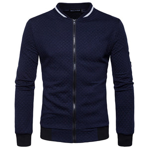 Men'S Diamond Check Color Contrast Zipper Stand Collar Sweater