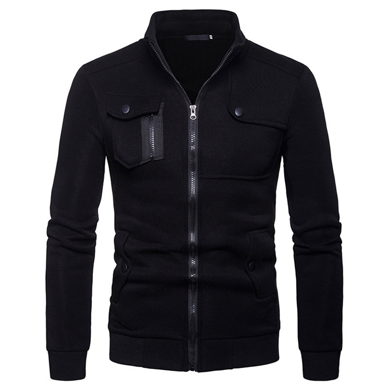 Men'S Stand-Up Collar Multi-Pocket Zipper Long-Sleeved Sweater