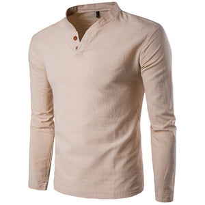 Cotton And Linen Stand Collar Two Button Long Sleeve Shirt