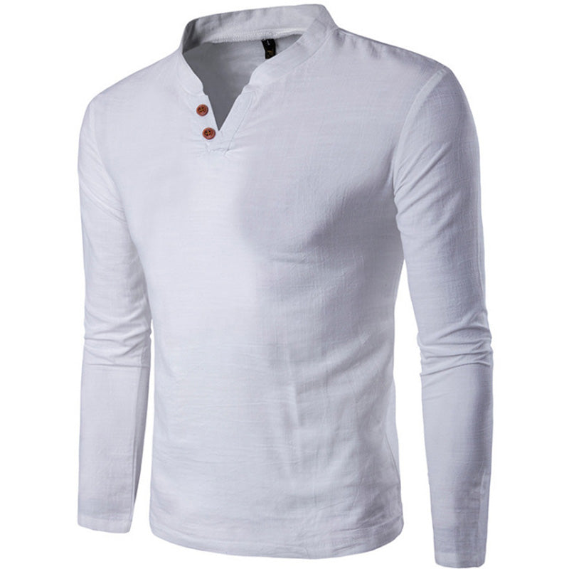 Cotton And Linen Stand Collar Two Button Long Sleeve Shirt