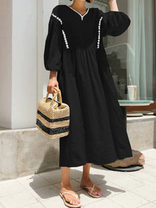 Women Cotton and Linen Vintage Lantern Sleeve Midi Dress