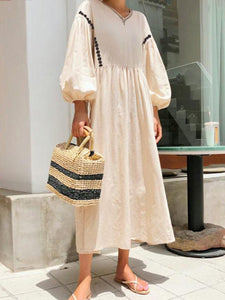 Women Cotton and Linen Vintage Lantern Sleeve Midi Dress