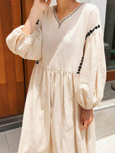 Load image into Gallery viewer, Women Cotton and Linen Vintage Lantern Sleeve Midi Dress