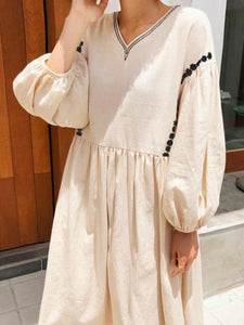 Women Cotton and Linen Vintage Lantern Sleeve Midi Dress