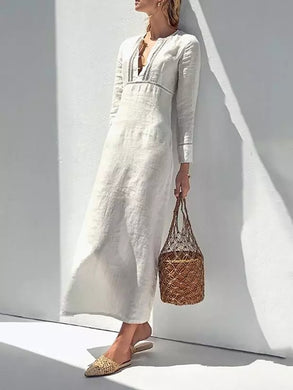 Women Cotton and Linen Long Sleeve Plain Maxi Dress