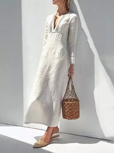 Women Cotton and Linen Long Sleeve Plain Maxi Dress