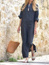 Load image into Gallery viewer, Women Cotton and Linen V-Neck 1/2 Sleeve Split-Side Loose Maxi Dress