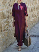 Load image into Gallery viewer, Women Cotton and Linen V-Neck 1/2 Sleeve Split-Side Loose Maxi Dress