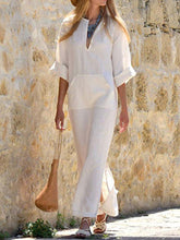 Load image into Gallery viewer, Women Cotton and Linen V-Neck 1/2 Sleeve Split-Side Loose Maxi Dress