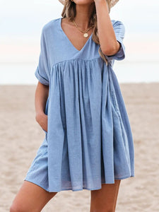 Women Cotton and Linen V-Neck Short Sleeve Loose Mini Dress