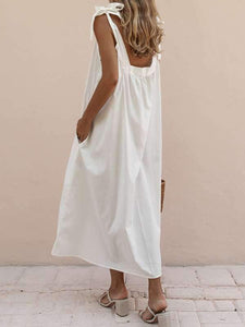 Women Cotton and Linen Square Collar Lace-Up Bow Maxi Dress