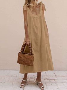 Women Cotton and Linen Square Collar Lace-Up Bow Maxi Dress