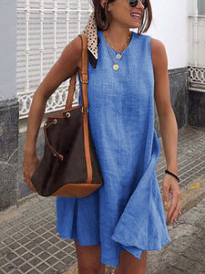 Women Cotton and Linen Sleeveless Simple Beach Mini Dress