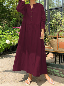 Women Cotton and Linen Long Sleeve Buttons Maxi Dress