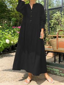 Women Cotton and Linen Long Sleeve Buttons Maxi Dress