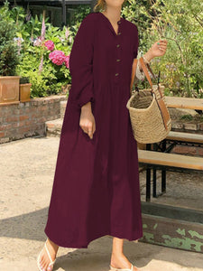 Women Cotton and Linen Long Sleeve Buttons Maxi Dress